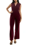 Nina Leonard Surplice V-neck Wide Leg Jumpsuit In Deep Wine