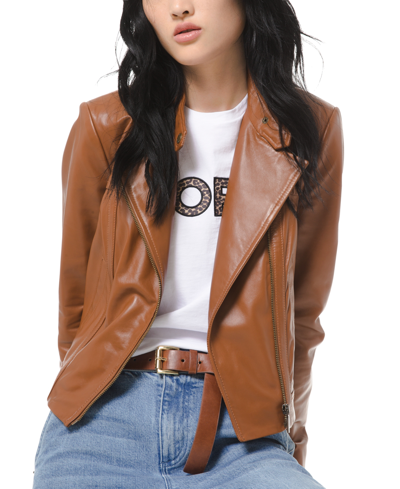 Michael Kors Michael  Leather Moto Jacket In Brown