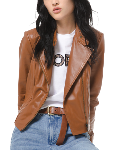 Michael Kors Michael  Leather Moto Jacket In Luggage