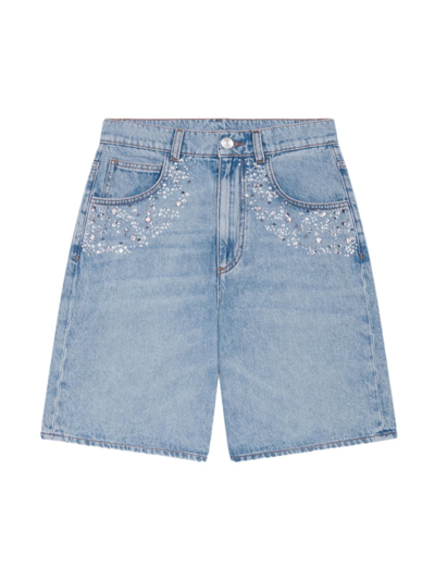 Maje Ietoile Rhinestone Denim Shorts In Blue In Bleu