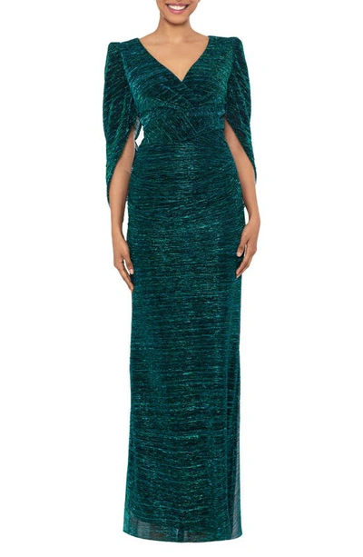 Betsy & Adam Metallic Capelet Trumpet Gown In Jade