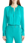 Hugo Boss Banorah Pleat Neck Stretch Silk Blouse In Bright Emerald