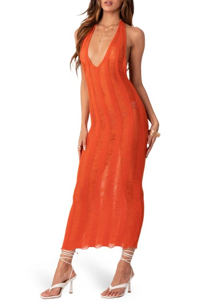 Edikted Kaylee Distressed Semisheer Halter Sweater Dress In Orange