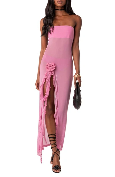 Edikted Suri Flower Strapless Mesh Maxi Dress In Pink