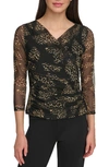 Dkny Surplice Mesh Top In Black/ Pecan