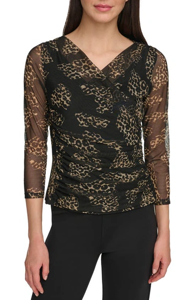 Dkny Surplice Mesh Top In Black/ Pecan