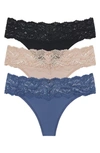 Skarlett Blue 3-pack Goddess Lace Thongs In Black/ Blue/ Beige