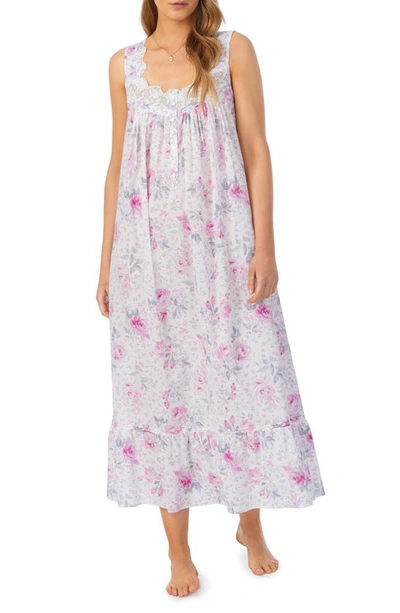 Eileen West Ballet Sleeveless Cotton Nightgown In White/ Floral