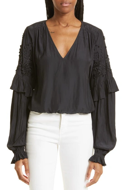 Ramy Brook Amber Beaded Balloon Sleeve Blouse In Black