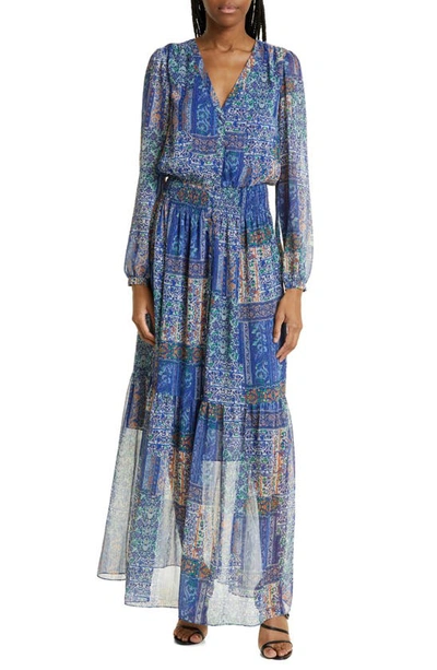 Ramy Brook Bobbi Patchwork Long Sleeve Dress In Cabana Blue Multi Patchwork