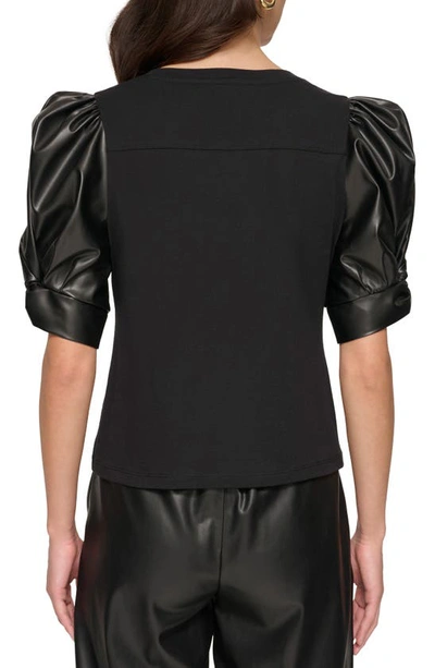 Dkny Faux Leather Sleeve Top In Black/black