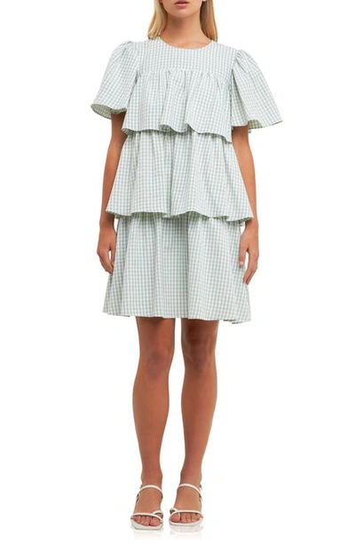 English Factory Gingham Print Tiered Dress In Green/white