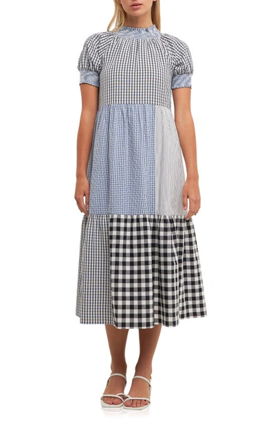 English Factory Patchwork Gingham Midi Dress In Multi