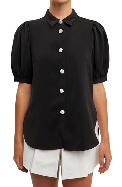English Factory Puff Sleeve Embellished Button-up Blouse In Black