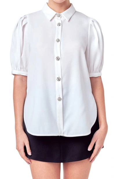 English Factory Puff Sleeve Embellished Button-up Blouse In White