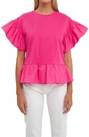 English Factory Mixed Media Flutter Sleeve Peplum Cotton Top In Fuchsia