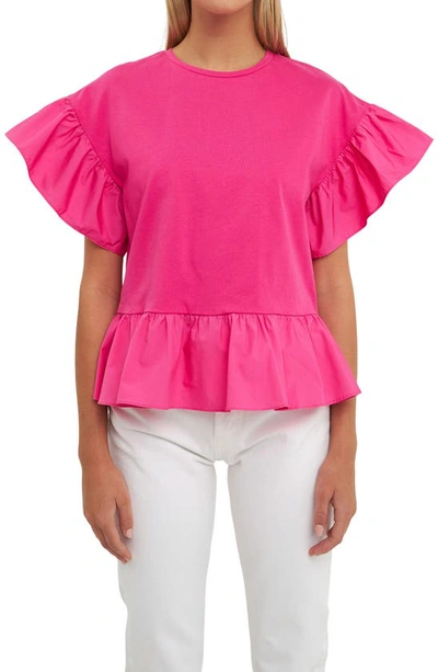 English Factory Mixed Media Flutter Sleeve Peplum Cotton Top In Fuchsia