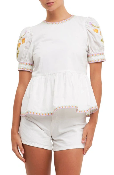 English Factory Embroidered Peplum Cotton Top In Ivory/multi