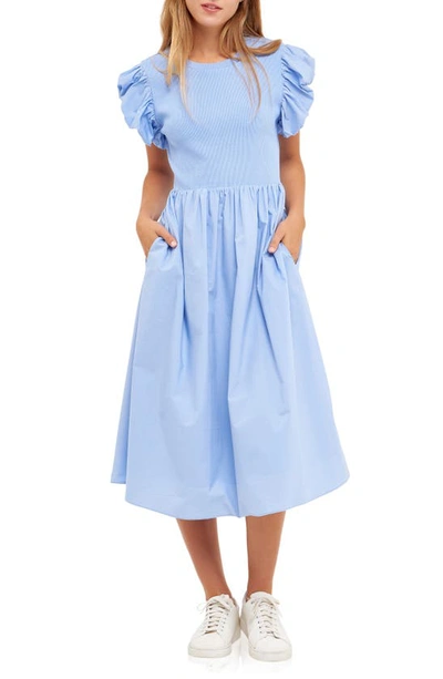 English Factory Puff Sleeve Mixed Media Midi Dress In Powder Blue