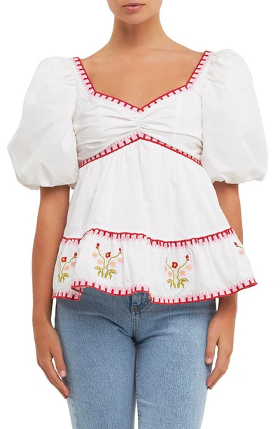 English Factory Embroidered Puff Sleeve Peplum Cotton Top In Ivory/ Red