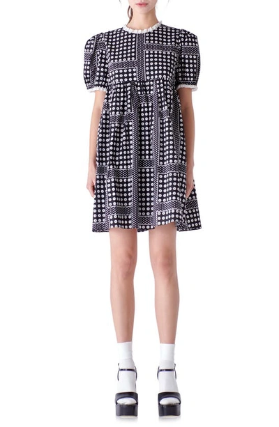 English Factory Floral Puff Sleeve Babydoll Dress In Black/white