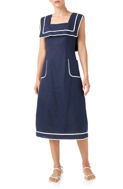 English Factory Sleeveless Linen A-line Dress In Navy/white