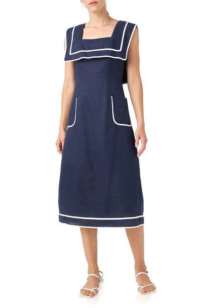 English Factory Sleeveless Linen A-line Dress In Navy/ White