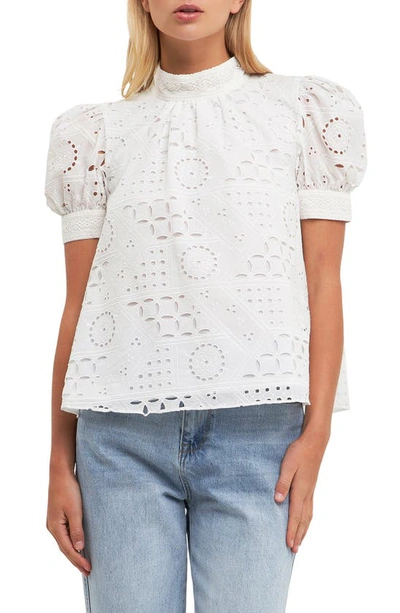 English Factory Broderie Anglaise Puff Sleeve Blouse In White