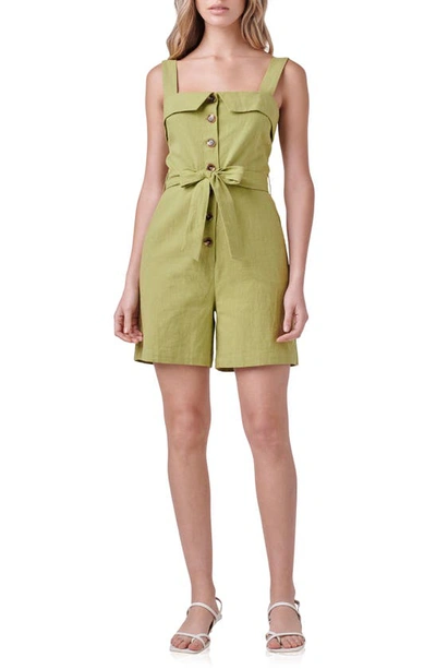 English Factory Women's Linen Romper With Self Tie And Buttons In Green