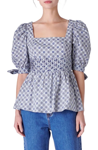 English Factory Mixed Print Cotton Peplum Top In White/ Blue