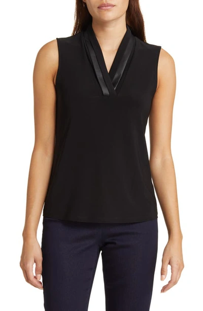 Anne Klein Triple Pleat Faux Leather Trim Top In Black