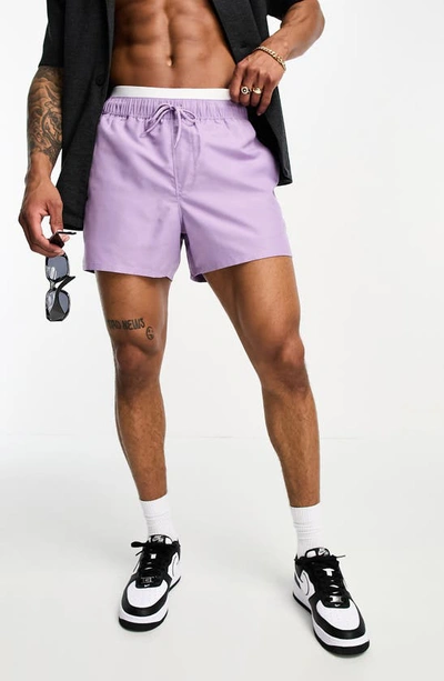 Asos Design Short Swim Trunks In Lilac