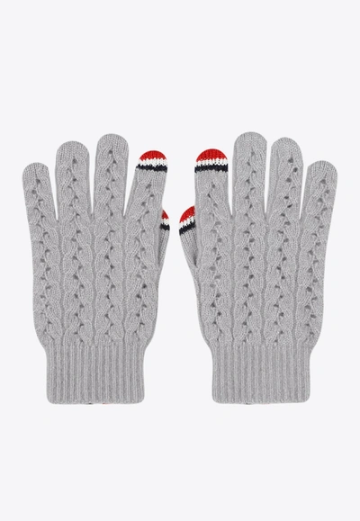 Thom Browne Cable Pointelle Knit Logo Gloves In Gray