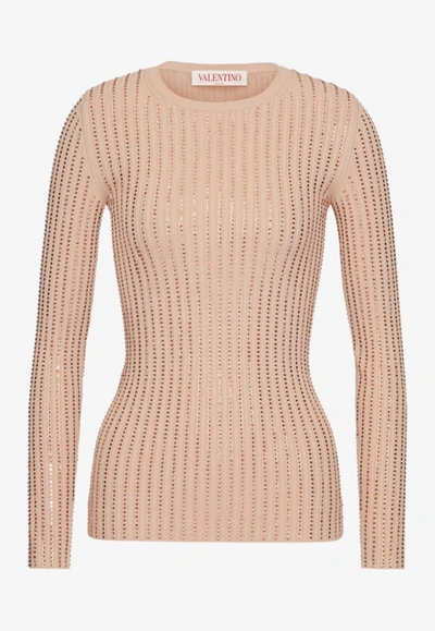 Valentino Crystal-embellished Long-sleeved Top In Sand