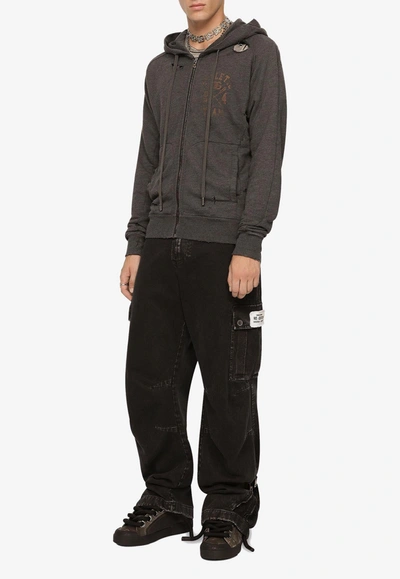 Dolce & Gabbana Distressed Zip-up Hooded Sweatshirt In Gray