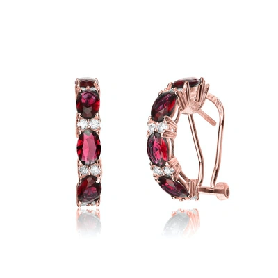 Genevive 18k Rose Gold Plated With Emerald & Diamond Cubic Zirconia Half Hoop Earrings In Sterling Silver In Red