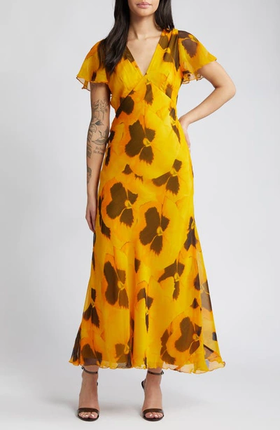 Topshop Floral Flutter Sleeve Maxi Dress In Yellow/black