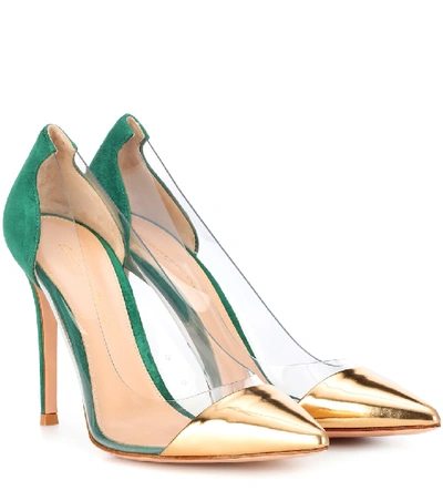 Gianvito Rossi Plexi 105 Metallic Leather, Suede And Pvc Pumps In Mekong Trasp Leaf|verde