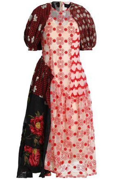 Simone Rocha Woman Patchwork-effect Embroidered Tulle And Printed Crepe De Chine Midi Dress Red