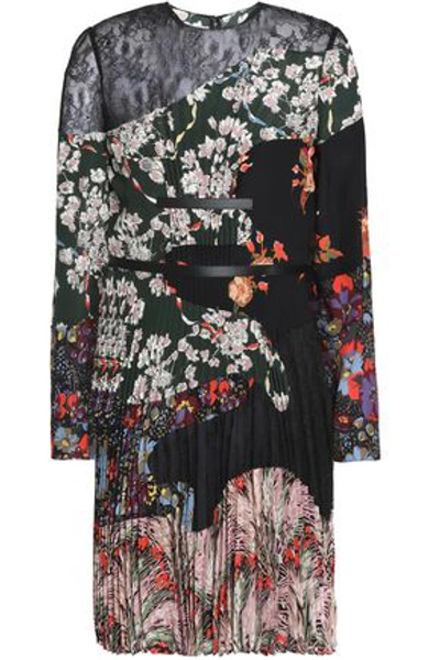 Valentino Lace-paneled Pleated Floral-print Silk Crepe De Chine Mini Dress In Black