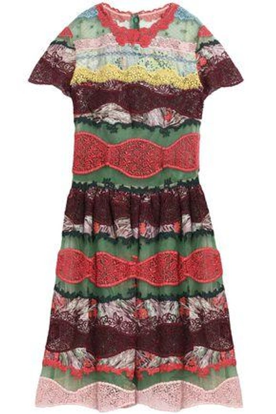 Valentino Point D'esprit And Lace-paneled Printed Cotton Mini Dress In Multicolor