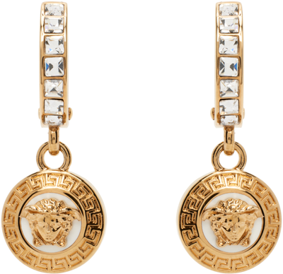 Versace Medusa Strass Drop Hoop Earrings In 4j040 Gold/white