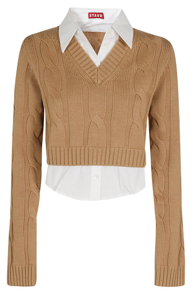 Staud Duke Layered Look Cropped Sweater In Cmwh Camel White