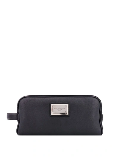 Dolce & Gabbana Leather Beaty Cases With Metal Logo Patch In Black
