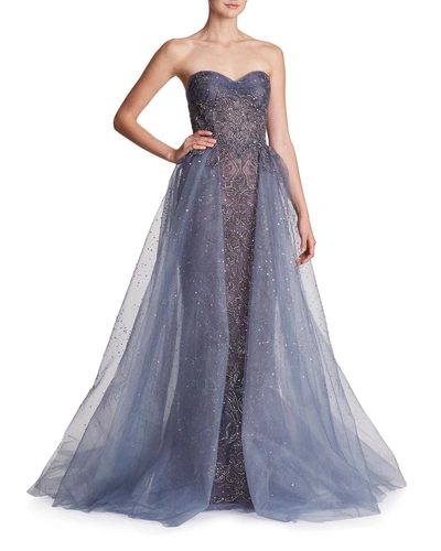 Marchesa Strapless Embellished Tulle Evening Ball Gown In Blue