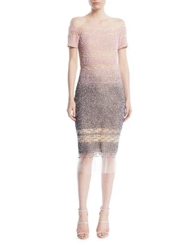Pamella Roland Confetti-sequins Short-sleeve A-line Cocktail Dress In Pink/gray
