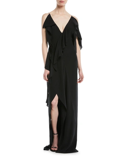 Mugler V-neck Sleeveless Asymmetric Ruffled Silk Evening Gown In Black