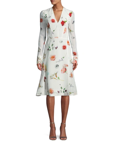 Narciso Rodriguez Floral Long-sleeve V-neck Silk Midi Dress In White Pattern