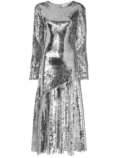 Racil Long-sleeve Jewel-neck Ankle-length Sequin Evening Gown In Moonstone Sequin