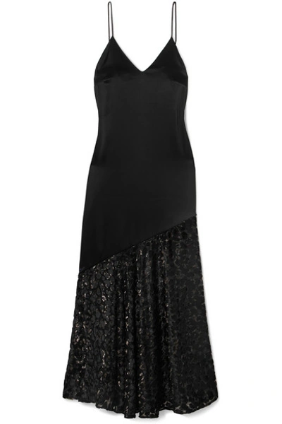 Racil V-neck Sleeveless A-line Satin Evening Gown With Devore Velvet Bottom In Black